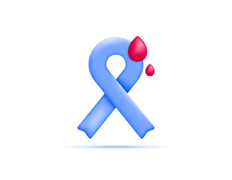 Illustration of a blue ribbon with blood drops, a diabetes awareness symbol concept. World Diabetes Day. Support and health. Symbol or icon. Minimalist 3D style design. Asset elements
