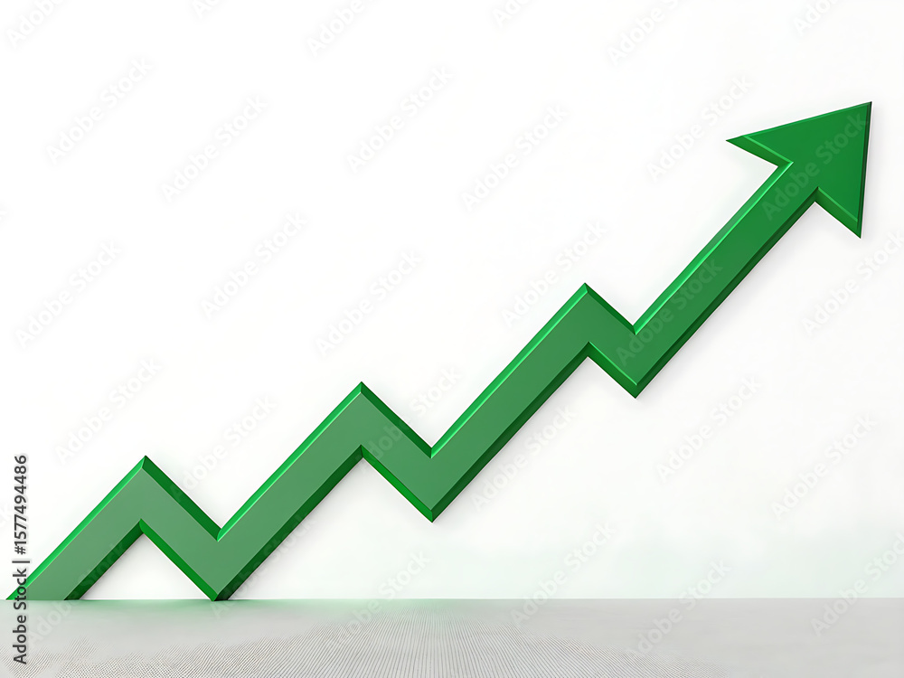 Poster a green arrow pointing upwards with a zig zag pattern against a white background on a gray surface