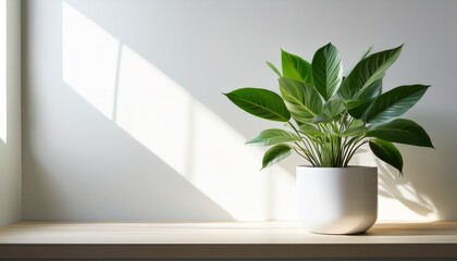 a lush green plant growing in a white ceramic pot placed against a minimalist white wall and indoor greenery concept with natural light