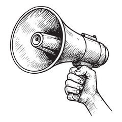 Hand Drawn Megaphone Illustration Black and White Doodle Style.