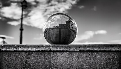 surreal orb on ledge black and white