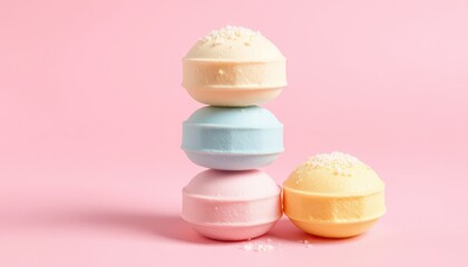 Stack of Colorful Bath Bombs on Pink Background with a Copy Space