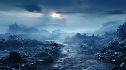Frozen Winter Road Leading into the Horizon, Covered in Frost and Mist