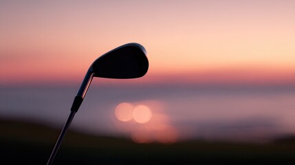 Clubhead silhouette against twilight sky with golden pink gradient soft bokeh horizon and darkened reflective shaft