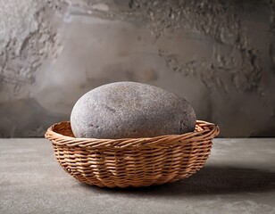 round stone in woven basket on concrete surface with textured wall backdrop