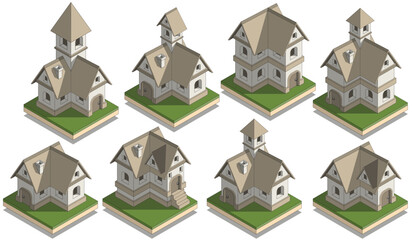 Set of medieval houses. Isometric. Isolated on white background. Vector illustration. 
