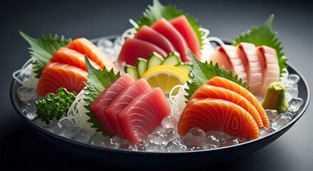 Assorted sashimi, elegantly arranged on ice, garnished with lemon and herbs.