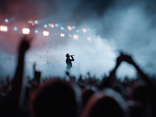 Silhouette of performer on stage with crowd. Concert atmosphere, filled with fog, lights,  confetti. Represents passion, energy,  live music. Ideal for event promotion