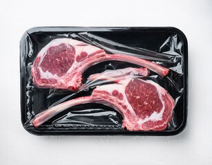 racks of lamb in vacuum black package top view on white background