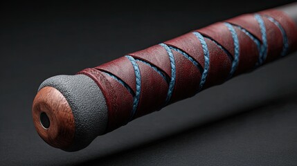 Close-up of paddle handle grip texture with detailed leather wrapping and angled lighting from above rich maroon and gray-blue