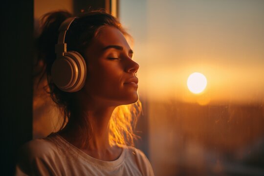 Young woman enjoying music with headphones at sunset by the window

 - Powered by Adobe