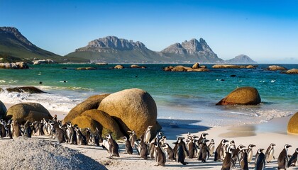 Fototapeta premium view of african penguins on boulders beach seaforth table mountain national park cape town western cape south africa africa