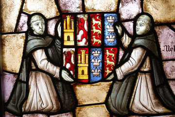 Segovia, Spain - 3 March, 2025: Stained Glass Window within the Alcazar of Segovia Castle, Castile...