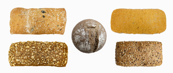 set of different kinds of non sweet fresh bake whole grain bread oat, rye, cereal, corn and  brown round sour dough bread isolated on white background with clipping path.