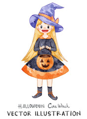 Halloween Character of Cute Witch with Candy Bag Jack o’ Lantern. Watercolor vector illustration suitable for Halloween theme project, cards, sticker, and invitation.