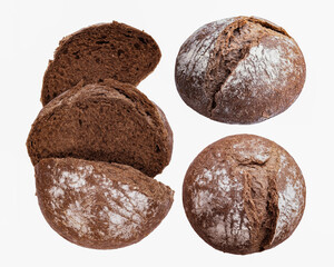 collection of Fresh baked round sourdough bread top and side view and slices close up isolated on white background.