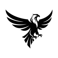 Aggressive standing eagle with flared wings and sharp talons vector emblem for tattoo design, military squad, sports club, branding, sticker, minimalist silhouette style on white