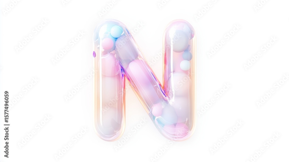 Poster holographic blobs in letter n design floating on white background for creative display