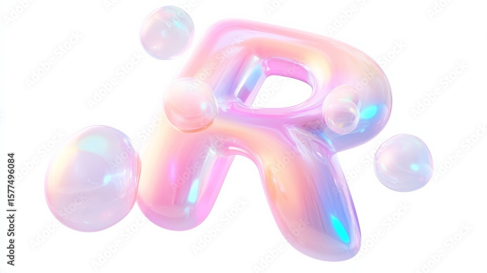 Poster holographic alphabet art: floating letter r with iridescent blobs perfect for modern design