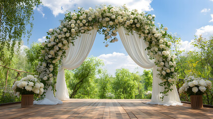Romantic Wedding Arch with White Flowers and Greenery for Outdoor Ceremony in a Natural Setting