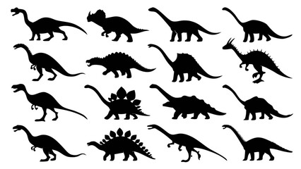 Collection of diverse dinosaur silhouettes including long necked herbivores and spiked armored creatures on white background