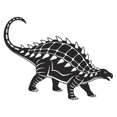 Stylized black and white silhouette of an ankylosaurus dinosaur walking with its distinctive armored plates and club tail