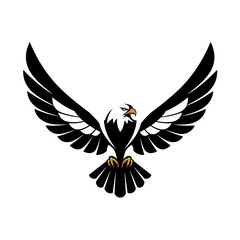 Naklejka premium Symmetrical bald eagle with widespread wings and golden claws, elegant vector emblem for security service, patriotic branding, aviation firm, military patch, isolated on white