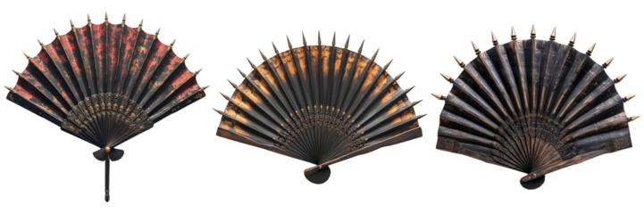 Collection of Spiked Chinese War Fans with Ornamental Handles Isolated on Transparent Background