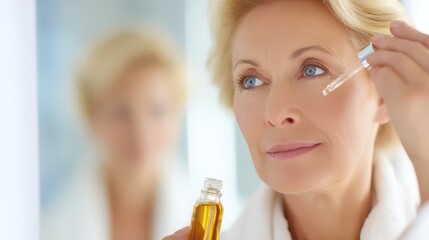 Mature woman applying facial serum in bathroom.