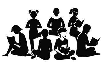 Diverse Children Immersed in Reading A Collection of Silhouettes
