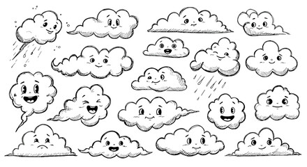 Fototapeta premium collection of cartoon clouds, hand-drawn sketch with eyes and various emotions on transparent background, PNG and SVG