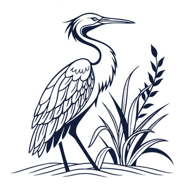 Black and white sketch of a heron bird standing near leaves in an elegant pose, representing calm and grace.