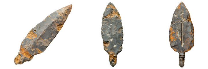 Collection of Flint Arrowheads with Sharp Edges and Natural Stone Textures Isolated on Transparent Background