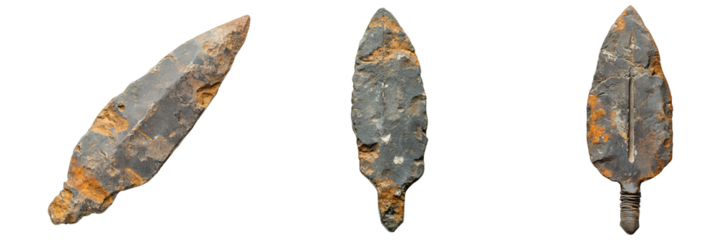 Collection of Flint Arrowheads with Sharp Edges and Natural Stone Textures Isolated on Transparent Background