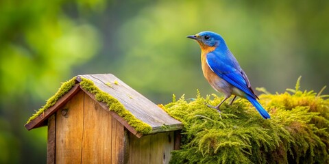 Vibrant Blue Bird Perched on Mossy Birdhouse in a Lush Green Setting