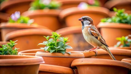 A small brown bird perched on terracotta pots filled with vibrant green seedlings, a tranquil garden scene