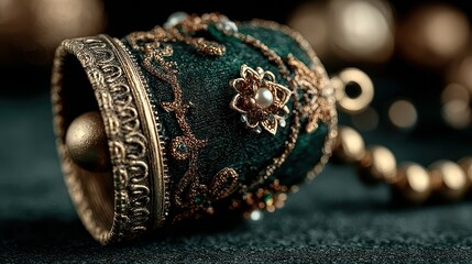 Decorative bell featuring intricate gold detailing and emerald green fabric in an elegant display setting