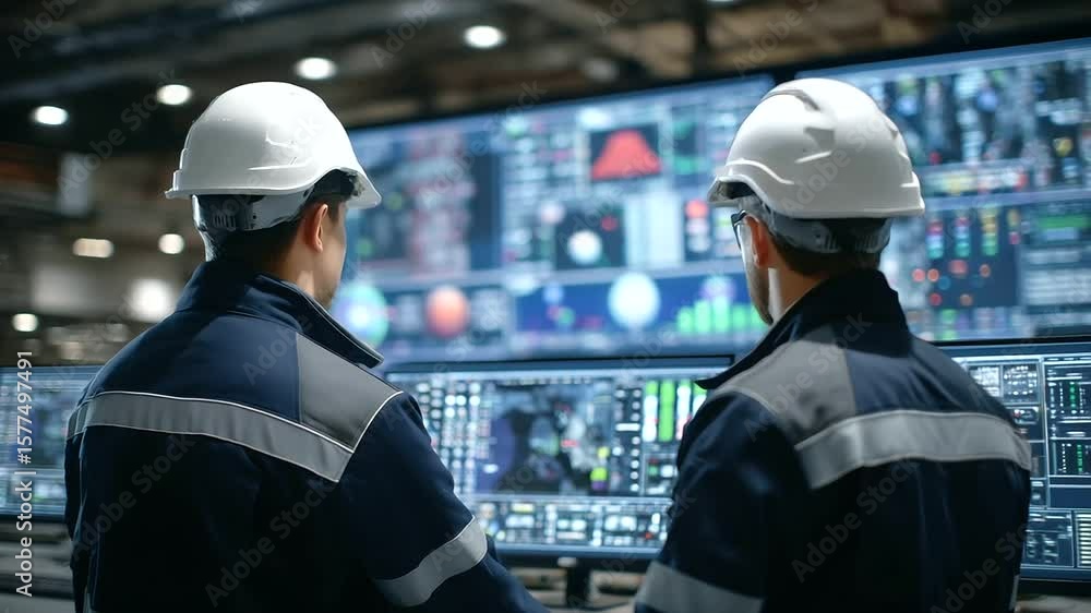 Poster engineers in smart helmets monitor fusion-powered furnaces with automated supply chain dashboards