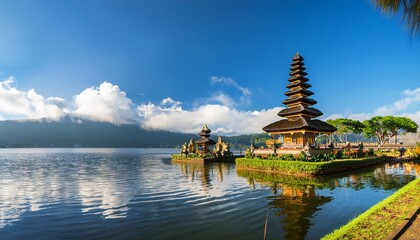 the famous hindu temple of pura ulun danu bratan on the banks of lake bratan in a sunny day bali indonesia © Verdiana