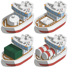 Set of cargo ships. Isometric. Isolated on white background. Vector illustration.
