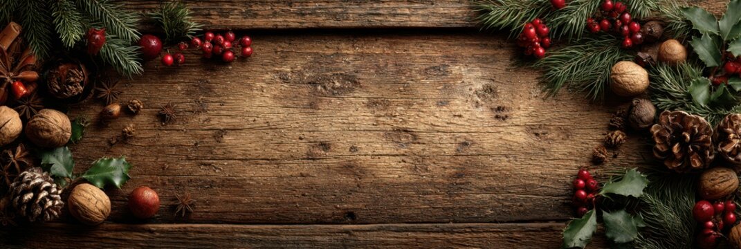 Warm wooden backdrop adorned with pine, berries, nuts, and pinecones for festive holiday decor and celebration preparation