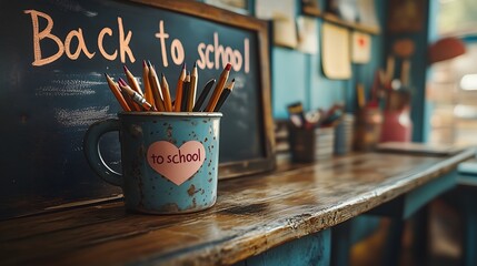 A chalkboard with "Back to School" text, accompanied by a mug filled with pencils on a rustic wooden desk in a cozy classroom.