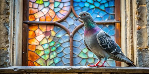 A rock dove perched on a windowsill, showcasing iridescent plumage against a vibrant stained-glass background