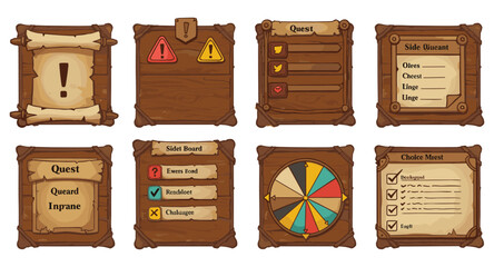 Vintage fantasy game ui elements with wooden quest boards and icon set