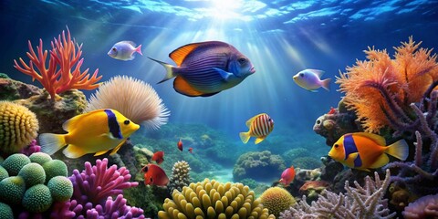 Fototapeta premium Vibrant underwater scene showcasing a diverse array of colorful fish and coral reefs bathed in sunlight