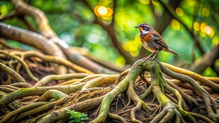 A small bird perched atop a network of exposed tree roots in a vibrant forest setting