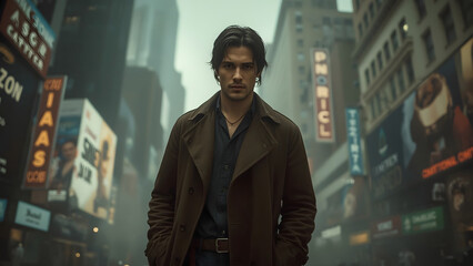 Fototapeta premium A tall, slender man with a introspective expression, dressed in a long, dark brown trench coat with a worn belt, stands in the midst of a bustling city street, surrounded by towering skyscrapers 