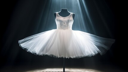 White tutu placed on a cracked glass panel with light streaming from below, futuristic and high-contrast lighting creating sharp visual interest.