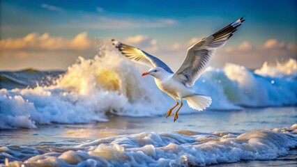 A graceful white seabird in flight over breaking ocean waves at sunrise