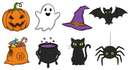 Hand-drawn halloween elements: ghost, pumpkin, witch hat, and more for festive designs